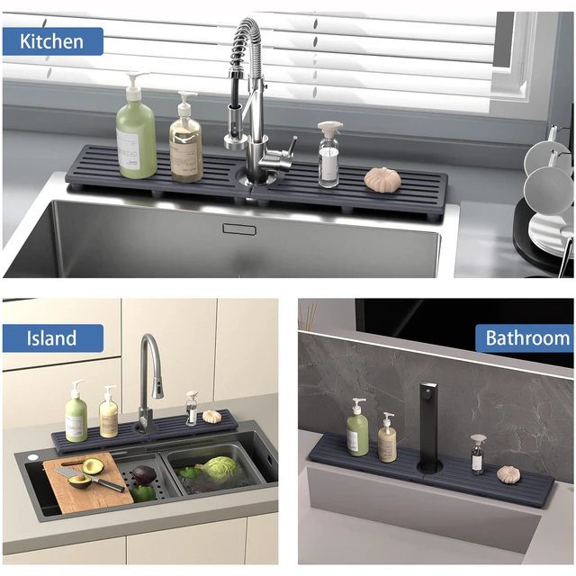 Alt view image 6 of 7 - Faucet Mat for Kitchen Sink, Water Absorbent Kitchen Faucet Mat, Durable Sink Splash Guard with Raised Feet, Diatomite Fast Drying Kitchen Sink Faucet Mat, Stone Drying Tray for Bathroom Counter