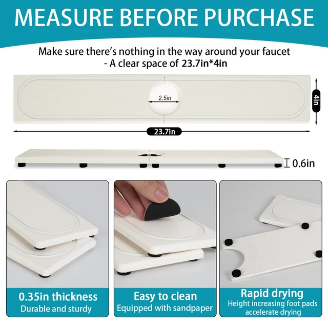 Alt view image 2 of 7 - Faucet Mat for Kitchen Sink with Raised Feet, Fast Drying Diatomite Stone Sink Tray, Water Absorbent Faucet & Sink Splash Guard, Prevents Moisture Buildup, Durable Protector for Bathroom Counter