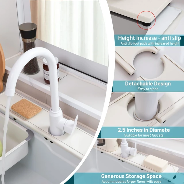Alt view image 3 of 7 - Faucet Mat for Kitchen Sink with Raised Feet, Fast Drying Diatomite Stone Sink Tray, Water Absorbent Faucet & Sink Splash Guard, Prevents Moisture Buildup, Durable Protector for Bathroom Counter
