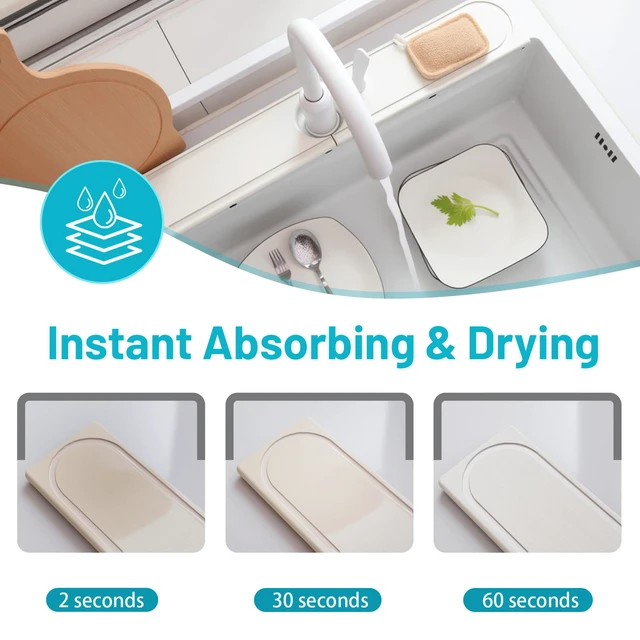 Alt view image 5 of 7 - Faucet Mat for Kitchen Sink with Raised Feet, Fast Drying Diatomite Stone Sink Tray, Water Absorbent Faucet & Sink Splash Guard, Prevents Moisture Buildup, Durable Protector for Bathroom Counter
