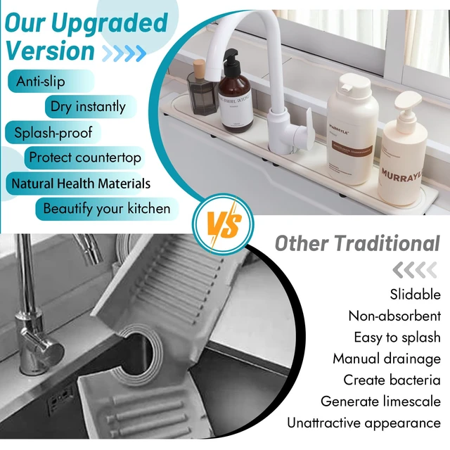 Alt view image 6 of 7 - Faucet Mat for Kitchen Sink with Raised Feet, Fast Drying Diatomite Stone Sink Tray, Water Absorbent Faucet & Sink Splash Guard, Prevents Moisture Buildup, Durable Protector for Bathroom Counter