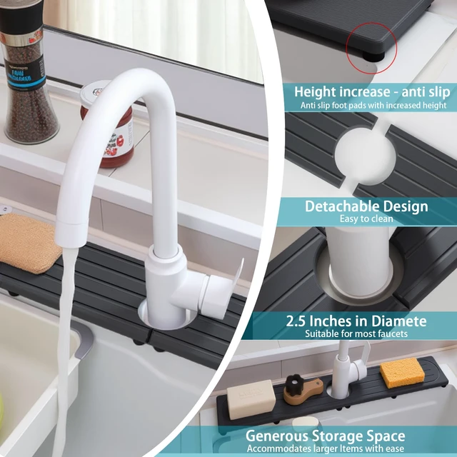 Alt view image 4 of 7 - Stone Faucet Mat for Kitchen Sink with Raised Feet, Sink Mat for Kitchen Faucet, Water Absorbent Diatomite Stones Sinks Tray, Sink Splash Guard & Protectors, Stone Drying Tray for Bathroom Counter