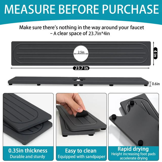 Alt view image 7 of 7 - Stone Faucet Mat for Kitchen Sink with Raised Feet, Sink Mat for Kitchen Faucet, Water Absorbent Diatomite Stones Sinks Tray, Sink Splash Guard & Protectors, Stone Drying Tray for Bathroom Counter