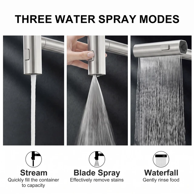 Alt view image 2 of 7 - Kitchen Faucets with Pull Down Sprayer,Waterfall Kitchen Sink Faucet,Commercial Utility Stainless Steel Kitchen Faucets,Single Handle Kitchen Sink Faucet with Pull Down Sprayer for 3 Function,Brushed
