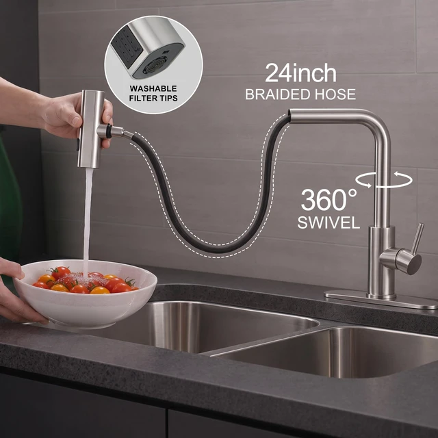 Alt view image 4 of 7 - Kitchen Faucets with Pull Down Sprayer,Waterfall Kitchen Sink Faucet,Commercial Utility Stainless Steel Kitchen Faucets,Single Handle Kitchen Sink Faucet with Pull Down Sprayer for 3 Function,Brushed