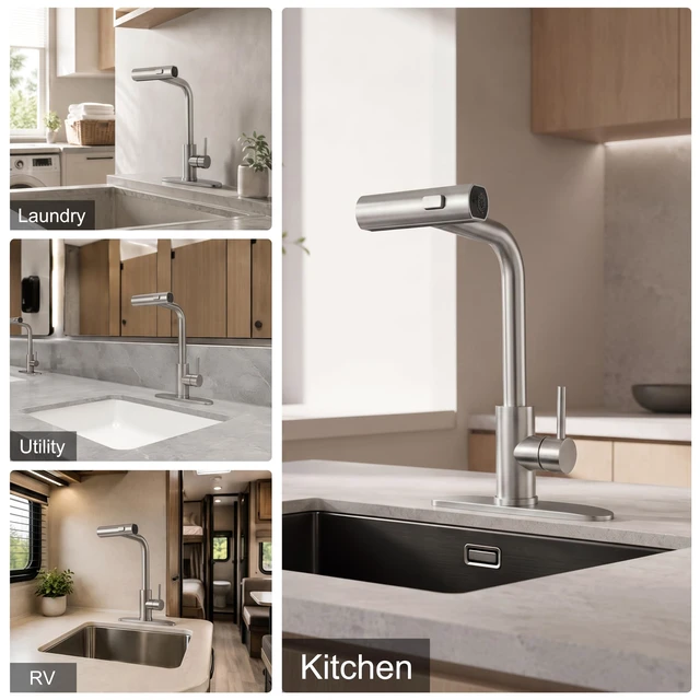 Alt view image 6 of 7 - Kitchen Faucets with Pull Down Sprayer,Waterfall Kitchen Sink Faucet,Commercial Utility Stainless Steel Kitchen Faucets,Single Handle Kitchen Sink Faucet with Pull Down Sprayer for 3 Function,Brushed