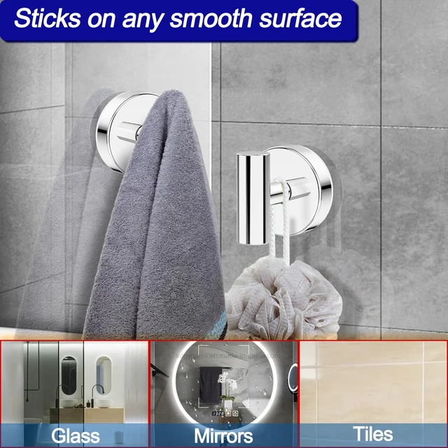 Alt view image 2 of 7 - Suction Cup Hooks, Shower Hooks for Inside Shower Removable Towel Hooks for Bathroom Window Glass Mirror Tile, Bath Robe Looafh Hook for Hanging Waterproof & Rustproof, Chrome (2 Pack)