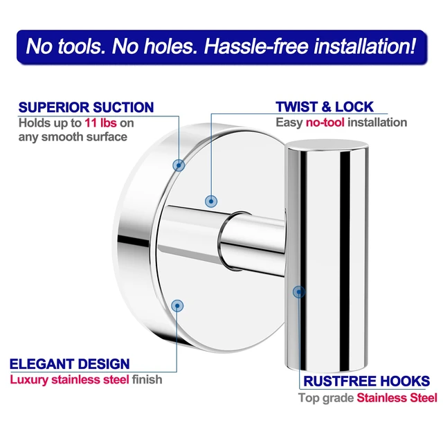 Alt view image 6 of 7 - Suction Cup Hooks, Shower Hooks for Inside Shower Removable Towel Hooks for Bathroom Window Glass Mirror Tile, Bath Robe Looafh Hook for Hanging Waterproof & Rustproof, Chrome (2 Pack)