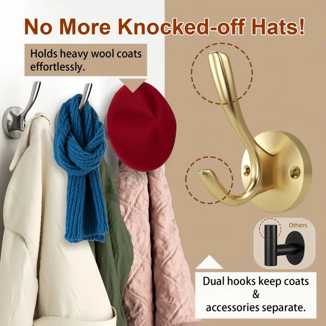 Alt view image 3 of 7 - Coat Hooks for Hanging Coat Hooks for Wall Mounted Brass Wall Hooks Heavy Duty Brushed Robe Closet Hooks for Hanging Coats Entryway Metal Towel Hooks for Bathrooms (8, Gold)