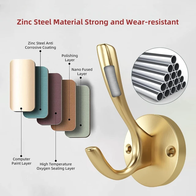 Alt view image 5 of 7 - Coat Hooks for Hanging Coat Hooks for Wall Mounted Brass Wall Hooks Heavy Duty Brushed Robe Closet Hooks for Hanging Coats Entryway Metal Towel Hooks for Bathrooms (8, Gold)