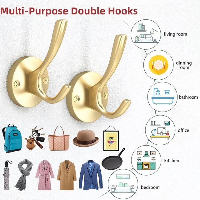 Alt view image 7 of 7 - Coat Hooks for Hanging Coat Hooks for Wall Mounted Brass Wall Hooks Heavy Duty Brushed Robe Closet Hooks for Hanging Coats Entryway Metal Towel Hooks for Bathrooms (8, Gold)