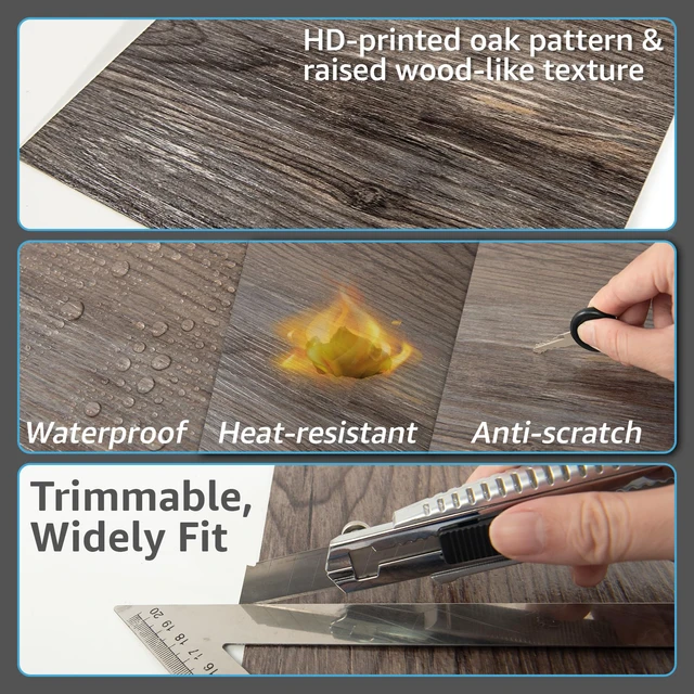 Alt view image 5 of 7 - 30-Pack Peel and Stick Vinyl Floor Planks, 12 x 12 in, Dark Brown Oak Premium Vinyl, Self-Adhesive, Waterproof, Wood Grain, Fade-Resistant, Scratch-Proof, Ideal for Kitchen, Dining Room, Bedrooms