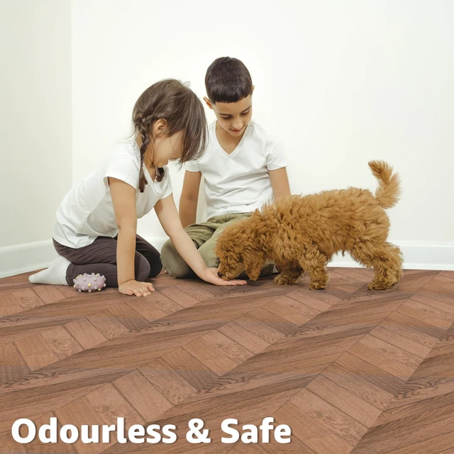 Alt view image 4 of 7 - 30-Pack Herringbone Peel and Stick Floor Planks, 12" x 12", Brown Premium Vinyl, Self-Adhesive, Waterproof, Wood Grain, Fade-Resistant, Scratch-Proof, Ideal for Kitchen, Dining Room, Bedrooms