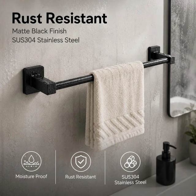 Alt view image 2 of 7 - Matte Black Bathroom Hardware Set 4 Pieces,Towel Bar Set Stainless Steel Wall Mounted, Includes 16In Hand Towel Bar, Towel Ring, Robe Towel Hooks,Toilet Paper Holder, Bathroom Towel Rack Set