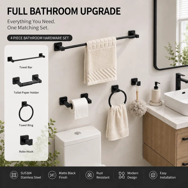 Alt view image 3 of 7 - Matte Black Bathroom Hardware Set 4 Pieces,Towel Bar Set Stainless Steel Wall Mounted, Includes 16In Hand Towel Bar, Towel Ring, Robe Towel Hooks,Toilet Paper Holder, Bathroom Towel Rack Set