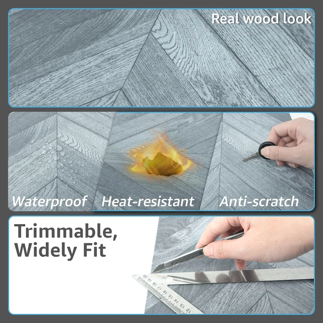Alt view image 6 of 7 - 10-Pack Herringbone Peel and Stick Floor Planks, 12 x 12 in, Grey Premium Vinyl, Self-Adhesive, Waterproof, Wood Grain, Fade-Resistant, Scratch-Proof, Ideal for Kitchen, Dining Room, Bedrooms