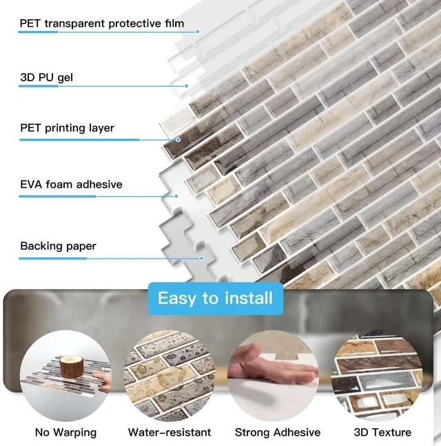 Alt view image 6 of 7 - Linear Tile Peel and Stick Backsplash, 10-Pack, Vintage Sandstone 12 x 12 Inch, Enhanced Thickness, Warp Resistant, Strong Adhesion, Sturdy, for Kitchen, Bedroom, Ideal for Home Improvement