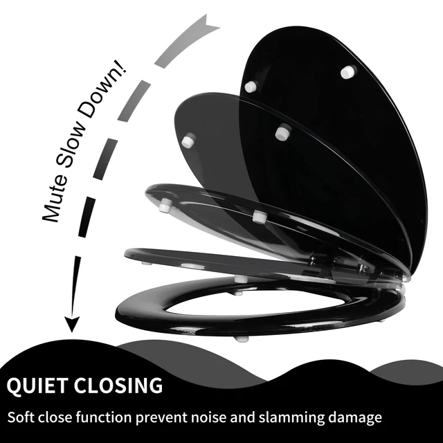 Alt view image 3 of 7 - Toilet Seat with Zinc Alloy Hinges Quiet-Close Quick-Release Wood Molded UV Lid Easy Clean(Elongated,Black)