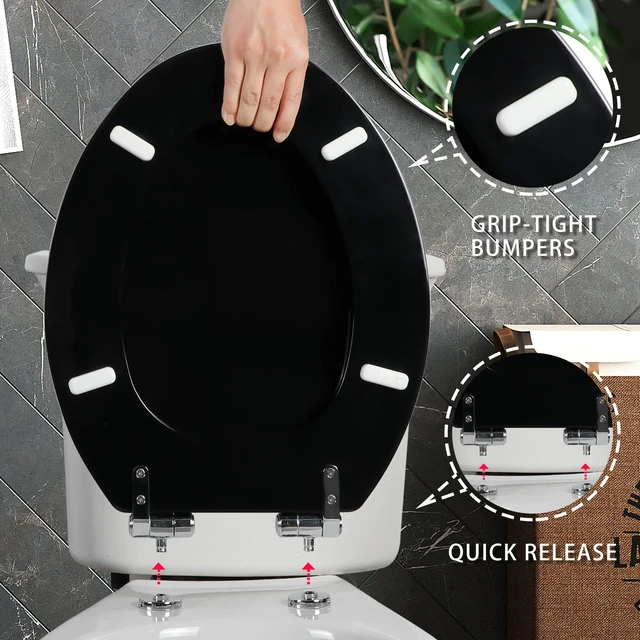 Alt view image 4 of 7 - Toilet Seat with Zinc Alloy Hinges Quiet-Close Quick-Release Wood Molded UV Lid Easy Clean(Elongated,Black)