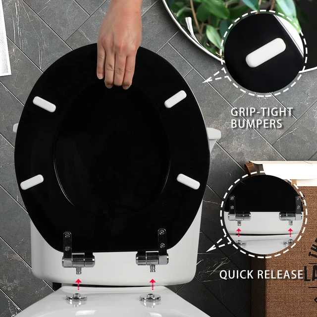 Alt view image 4 of 7 - Round Toilet Seat Wood Molded UV Lid Soft Close Quick Release Metal Hinges, Adjustable Fit for Standard Round Toilets, Easy Install&Clean(Black)