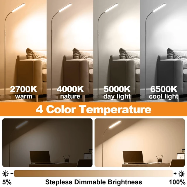 Alt view image 3 of 7 - Grey LED Floor Lamp, 18W 1800LM Bright Floor Lamps with Remote & Works with Smart Plug, Dimmable Timing Eye Caring Reading Light Modern Standing Floor Lamp for Living Room Bedroom Office