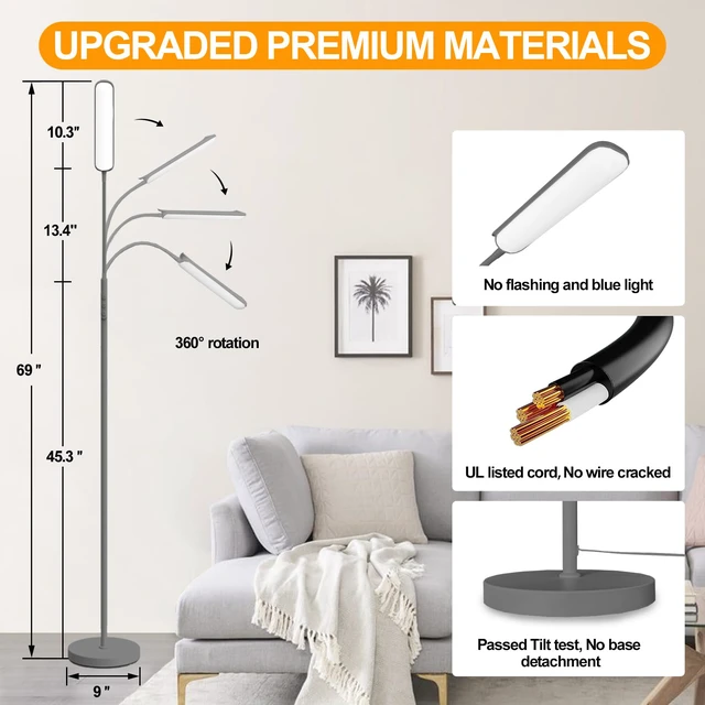 Alt view image 5 of 7 - Grey LED Floor Lamp, 18W 1800LM Bright Floor Lamps with Remote & Works with Smart Plug, Dimmable Timing Eye Caring Reading Light Modern Standing Floor Lamp for Living Room Bedroom Office