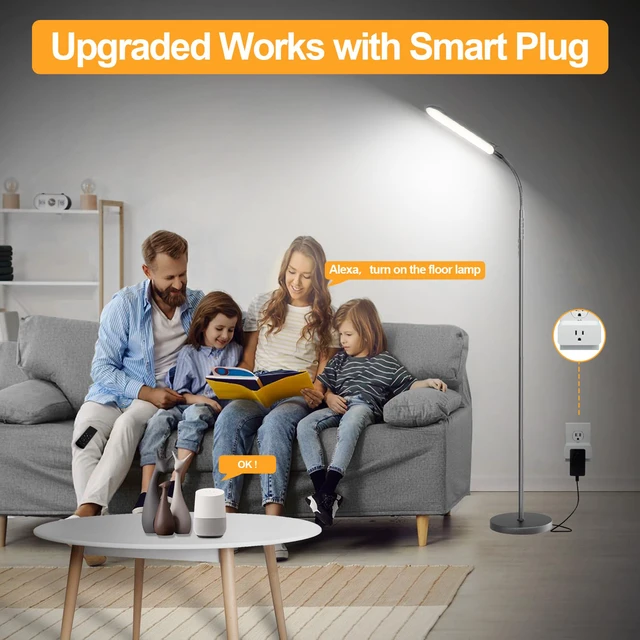 Alt view image 7 of 7 - Grey LED Floor Lamp, 18W 1800LM Bright Floor Lamps with Remote & Works with Smart Plug, Dimmable Timing Eye Caring Reading Light Modern Standing Floor Lamp for Living Room Bedroom Office