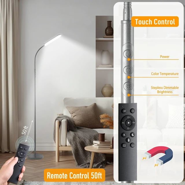 Alt view image 6 of 7 - Grey LED Floor Lamp, 18W 1800LM Bright Floor Lamps with Remote & Works with Smart Plug, Dimmable Timing Eye Caring Reading Light Modern Standing Floor Lamp for Living Room Bedroom Office