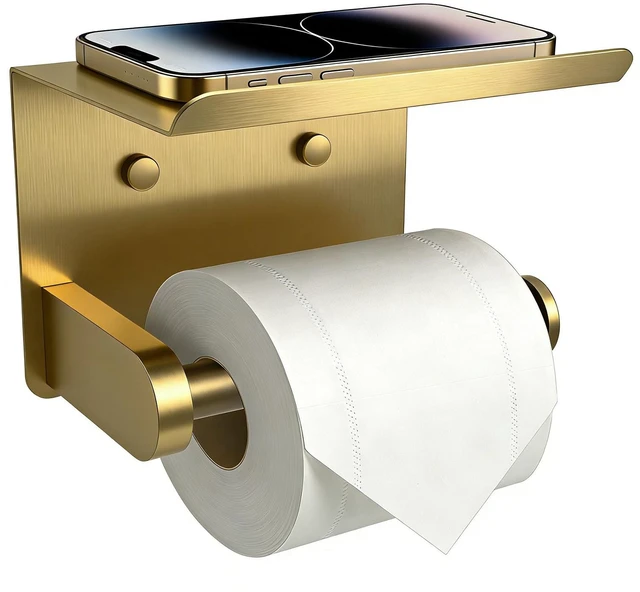 Main image of Toilet Paper Holder with Shelf Adhesive or Screw-in Gold Adhesive or Screw-in,Waterproof and Rustproof Stainless Steel,Wall Mount Design,for Bathroom Hardware Accessories