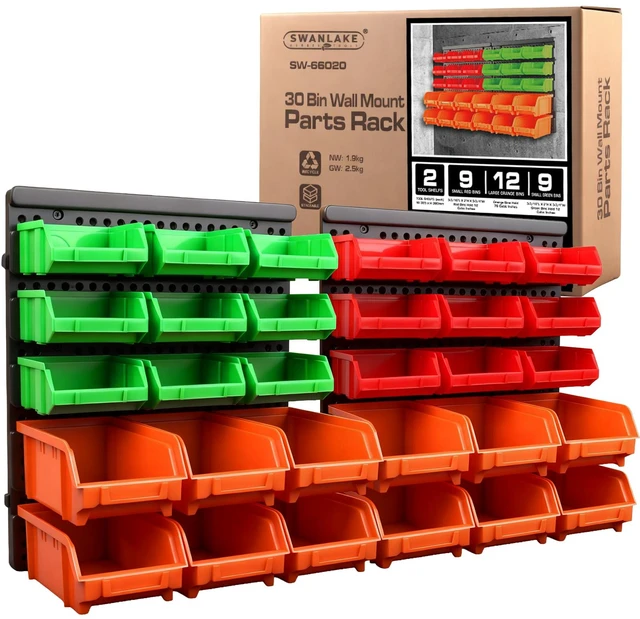 Main image of 30-Bin Wall-Mounted Storage Bins, Heavy-Duty Garage Tool Organizer for Screws, Nuts, Bolts, Nails, Small Hardware Parts - Easy Installation and Customizable