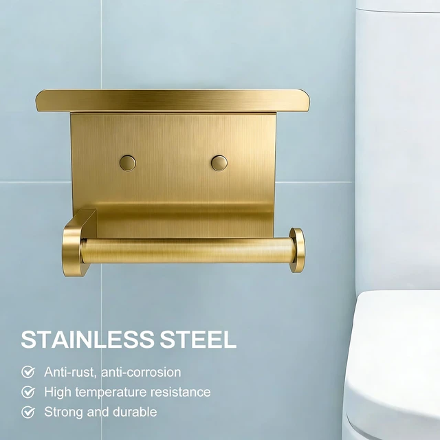 Alt view image 2 of 7 - Toilet Paper Holder with Shelf Adhesive or Screw-in Gold Adhesive or Screw-in,Waterproof and Rustproof Stainless Steel,Wall Mount Design,for Bathroom Hardware Accessories