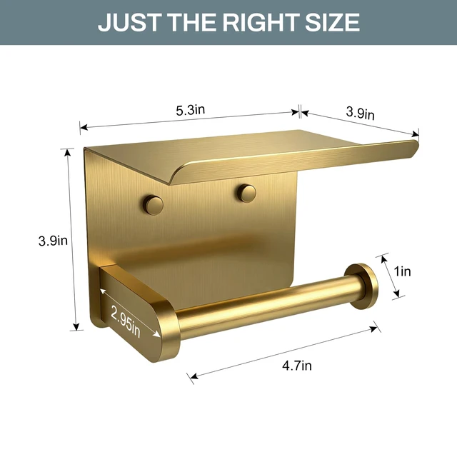 Alt view image 3 of 7 - Toilet Paper Holder with Shelf Adhesive or Screw-in Gold Adhesive or Screw-in,Waterproof and Rustproof Stainless Steel,Wall Mount Design,for Bathroom Hardware Accessories