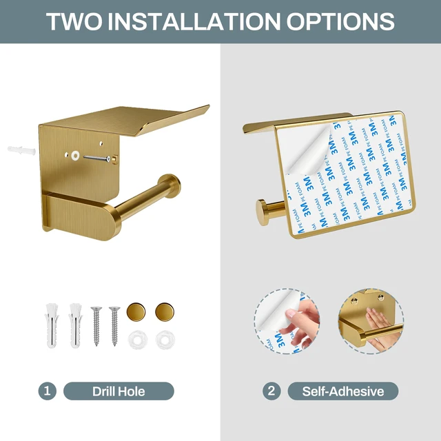 Alt view image 4 of 7 - Toilet Paper Holder with Shelf Adhesive or Screw-in Gold Adhesive or Screw-in,Waterproof and Rustproof Stainless Steel,Wall Mount Design,for Bathroom Hardware Accessories