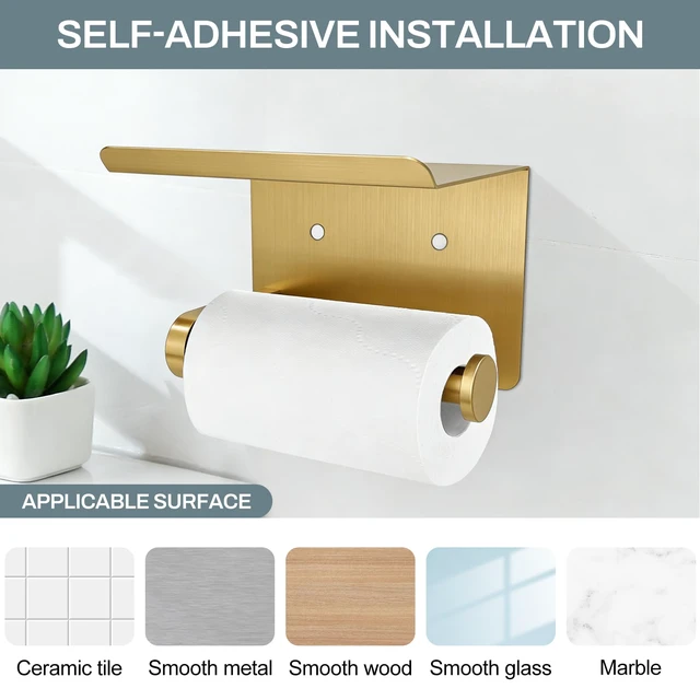 Alt view image 5 of 7 - Toilet Paper Holder with Shelf Adhesive or Screw-in Gold Adhesive or Screw-in,Waterproof and Rustproof Stainless Steel,Wall Mount Design,for Bathroom Hardware Accessories