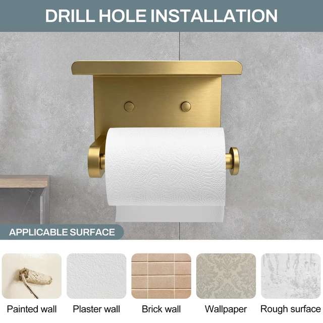 Alt view image 6 of 7 - Toilet Paper Holder with Shelf Adhesive or Screw-in Gold Adhesive or Screw-in,Waterproof and Rustproof Stainless Steel,Wall Mount Design,for Bathroom Hardware Accessories