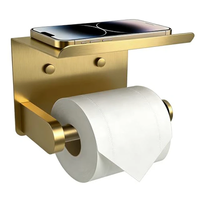 Alt view image 7 of 7 - Toilet Paper Holder with Shelf Adhesive or Screw-in Gold Adhesive or Screw-in,Waterproof and Rustproof Stainless Steel,Wall Mount Design,for Bathroom Hardware Accessories