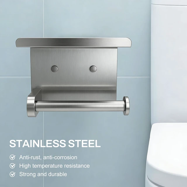 Alt view image 2 of 7 - Toilet Paper Holder with Shelf Adhesive or Screw-in Brushed Nickel 2 Packs,Adhesive or Screw-in,Waterproof and Rustproof Stainless Steel,Wall Mount Design,for Bathroom Hardware Accessories