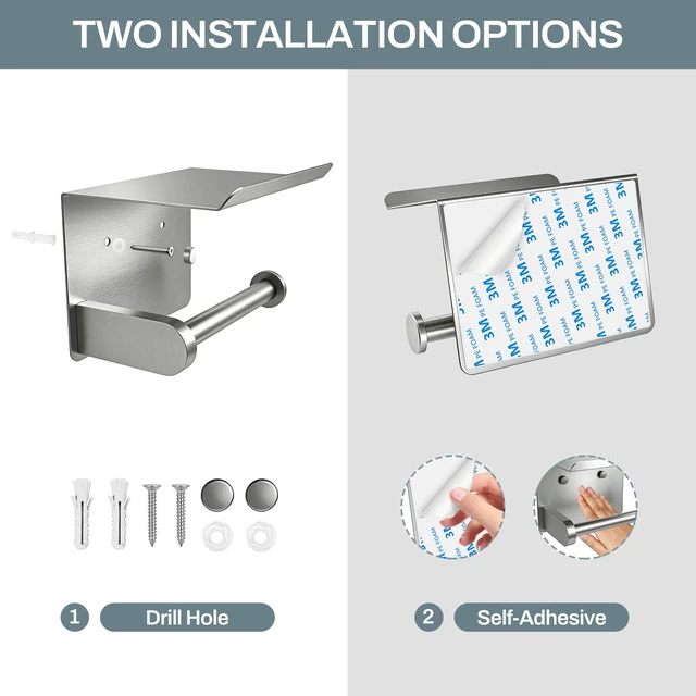 Alt view image 4 of 7 - Toilet Paper Holder with Shelf Adhesive or Screw-in Brushed Nickel 2 Packs,Adhesive or Screw-in,Waterproof and Rustproof Stainless Steel,Wall Mount Design,for Bathroom Hardware Accessories