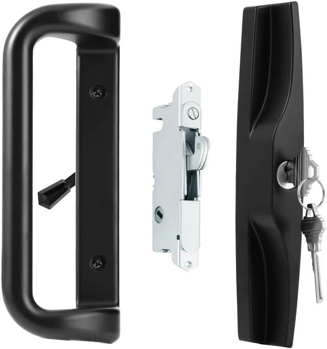 Main image of Black Sliding Glass Door Handle Set with Lock and Key Fits 3-15/16 in screw holes; keyed mortise lock, reversible, for 1-3/16 to 2 in doors