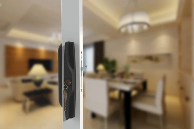 Alt view image 6 of 7 - Black Sliding Glass Door Handle Set with Lock and Key Fits 3-15/16 in screw holes; keyed mortise lock, reversible, for 1-3/16 to 2 in doors