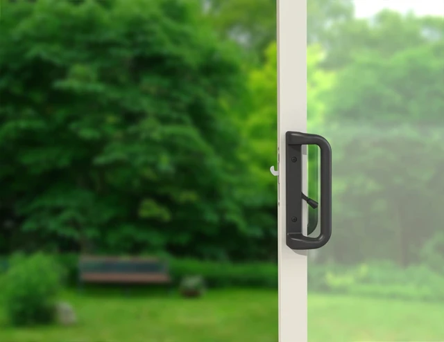 Alt view image 7 of 7 - Black Sliding Glass Door Handle Set with Lock and Key Fits 3-15/16 in screw holes; keyed mortise lock, reversible, for 1-3/16 to 2 in doors
