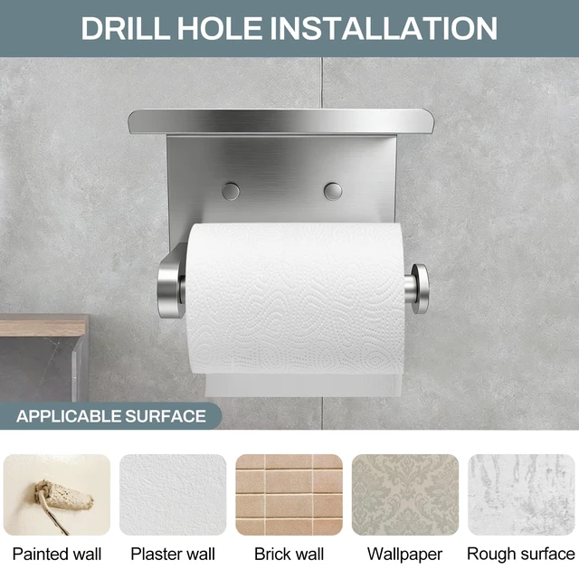Alt view image 6 of 7 - Toilet Paper Holder with Shelf Adhesive or Screw-in Brushed Nickel 2 Packs,Adhesive or Screw-in,Waterproof and Rustproof Stainless Steel,Wall Mount Design,for Bathroom Hardware Accessories