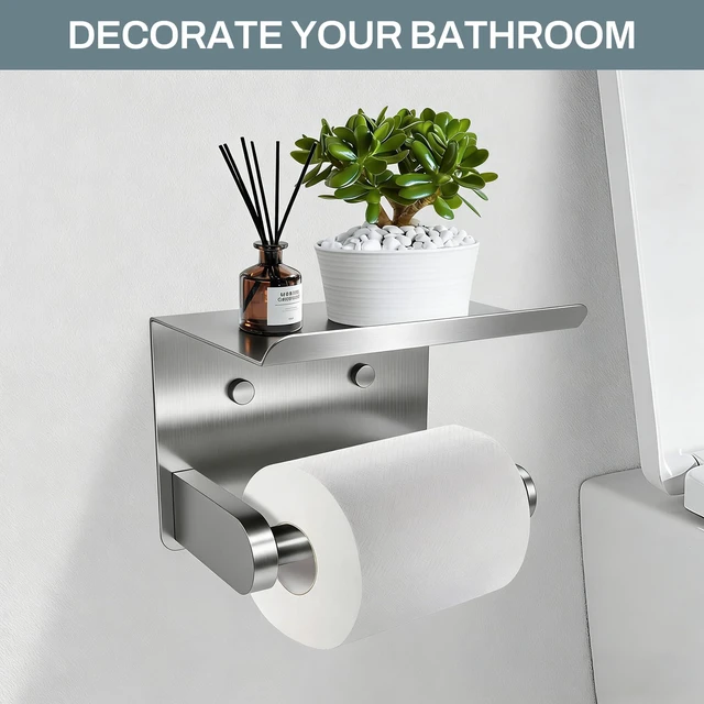 Alt view image 7 of 7 - Toilet Paper Holder with Shelf Adhesive or Screw-in Brushed Nickel 2 Packs,Adhesive or Screw-in,Waterproof and Rustproof Stainless Steel,Wall Mount Design,for Bathroom Hardware Accessories