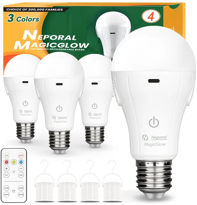 Main image of MagicGlow Rechargeable Light Bulbs with Remote, 3 Colors Shift + Stepless Dimmable Battery Powered LED Bulbs, USB Rechargeable, A19 Emergency LED Light Bulbs, 15W, Up to 24 Hours