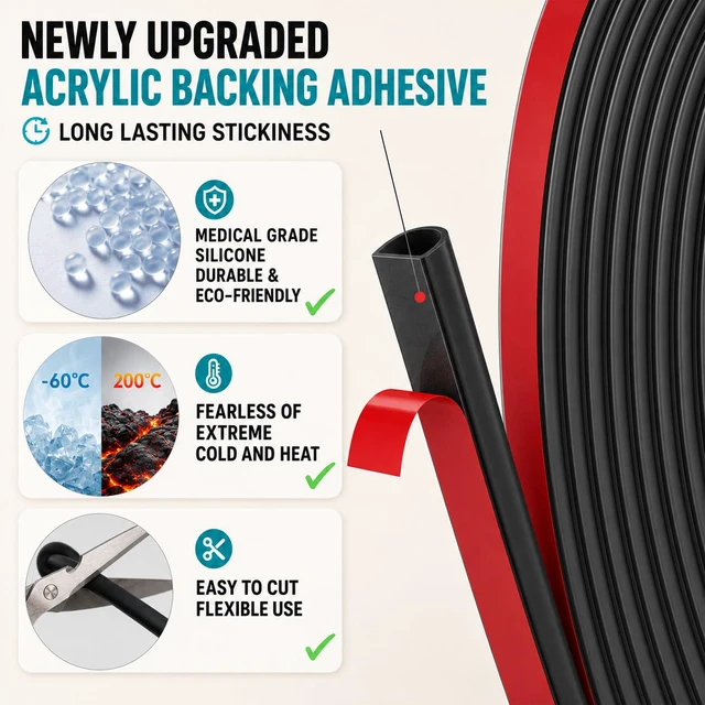 Alt view image 3 of 6 - 20FT Weather Stripping Door Seal, Self-Adhesive Silicone D-Shaped Seal Strip for Door Frame & Window Gaps, Soundproof Insulation Gap Filler