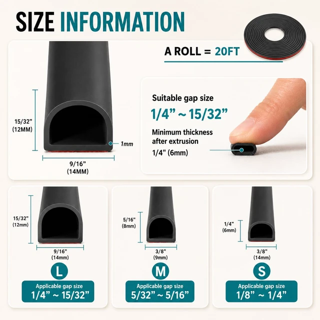 Alt view image 5 of 6 - 20FT Weather Stripping Door Seal, Self-Adhesive Silicone D-Shaped Seal Strip for Door Frame & Window Gaps, Soundproof Insulation Gap Filler