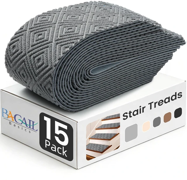 Main image of 15-Pack Non-Slip Stair Treads 8"x30" for Wooden Steps, Light Gray No-Residue Adhesive, 0.28" Thick Cushion, Machine Washable, Safe for Dogs, Kids & Elderly, Peel-and-Stick Easy Installation