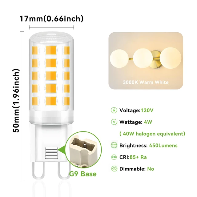 Alt view image 2 of 7 - 6 Pack G9 LED Bulb, 4W Equivalent 40 Watt, 3000K Soft Warm White Replacement G9 Halogen Light Bulb, T4 Bi-pin Base, Small G 9 Socket for Chandelier, 120V, 450 Lumen, Non-dimmable