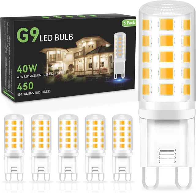 Main image of 6 Pack G9 LED Bulb, 4W Equivalent 40 Watt, 3000K Soft Warm White Replacement G9 Halogen Light Bulb, T4 Bi-pin Base, Small G 9 Socket for Chandelier, 120V, 450 Lumen, Non-dimmable