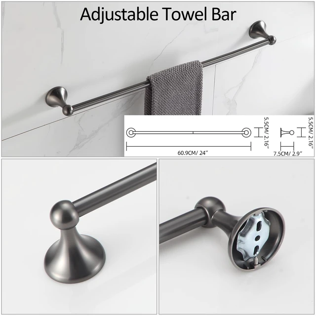 Alt view image 3 of 7 - Bathroom Hardware Set Grey Electroplating 4-Piece Bathroom Accessories Set Wall Mounted Adjustable Towel Bar Robe Hook Toilet Paper Holder Towel Ring Glossy Grey